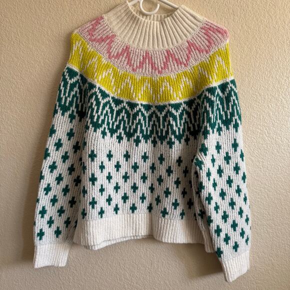 Old Navy Mock Neck Fair Isle Knit Oversized Nordic Sweater Barbiecore Women M - Picture 1 of 9